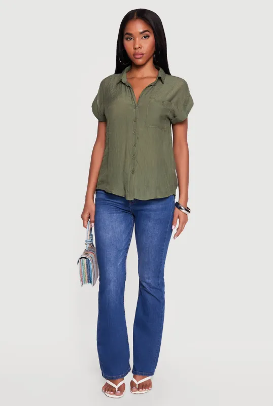 Solid Gauze Knit Short Sleeve Button Front Shirt made by Rainbow