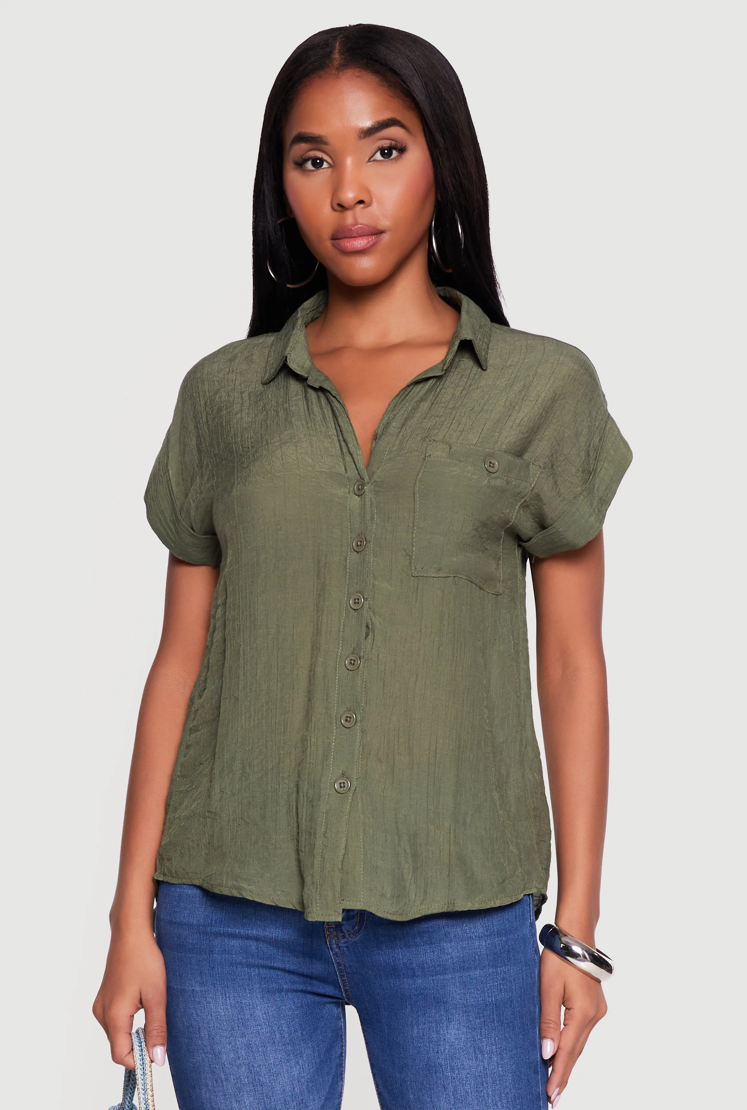 Solid Gauze Knit Short Sleeve Button Front Shirt sold by Rainbow product image thumbnail 2