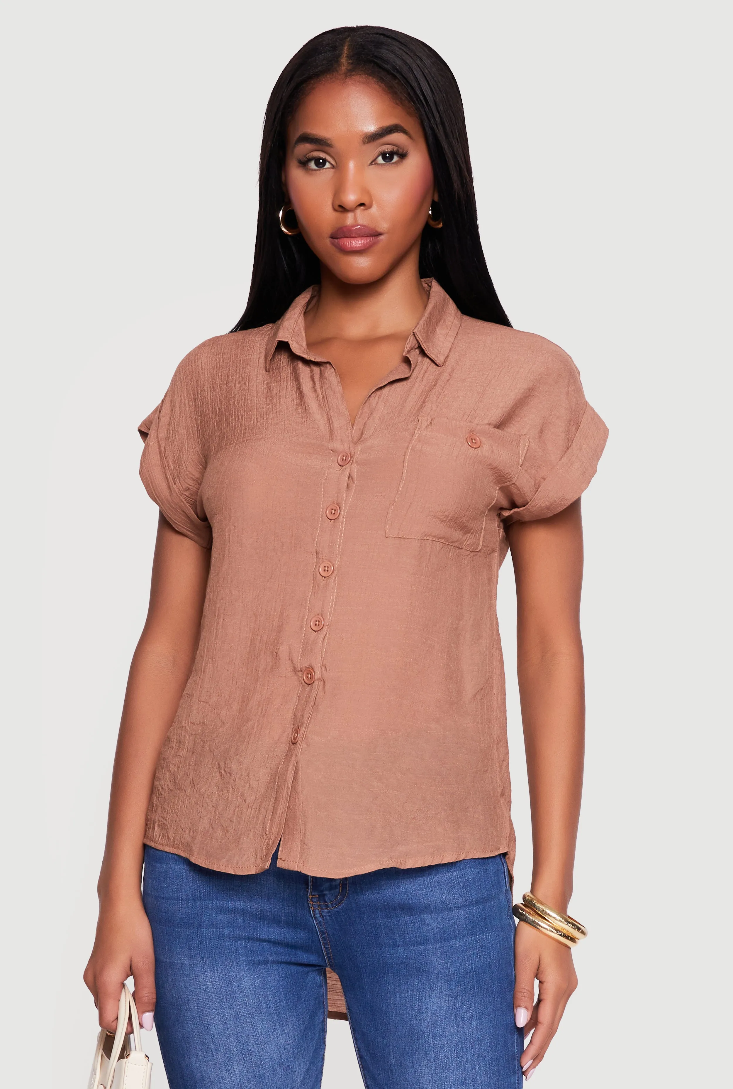 Solid Gauze Knit Short Sleeve Button Front Shirt sold by Rainbow product image thumbnail 2