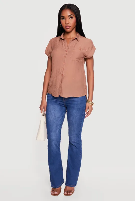 Solid Gauze Knit Short Sleeve Button Front Shirt made by Rainbow