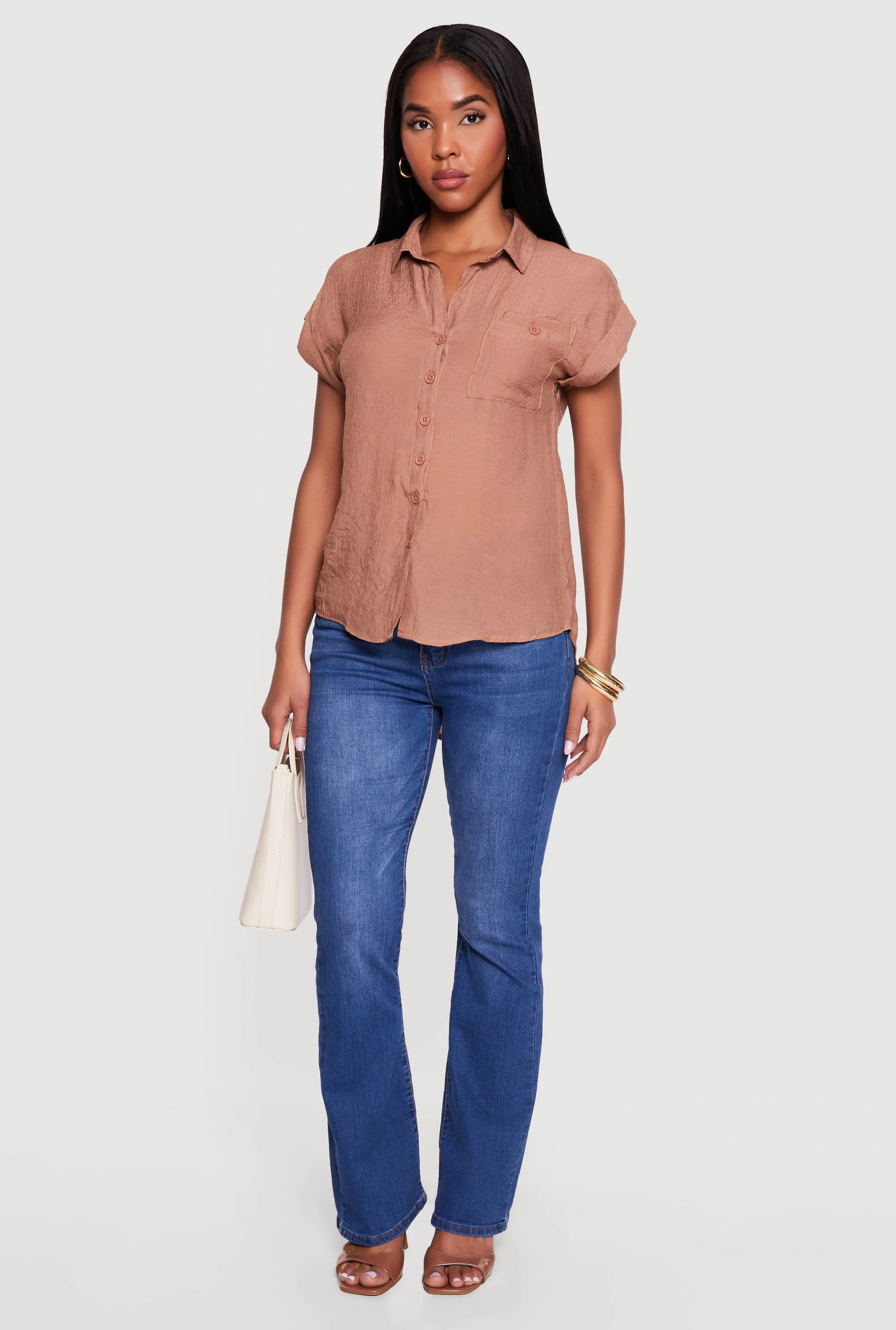 Solid Gauze Knit Short Sleeve Button Front Shirt sold by Rainbow