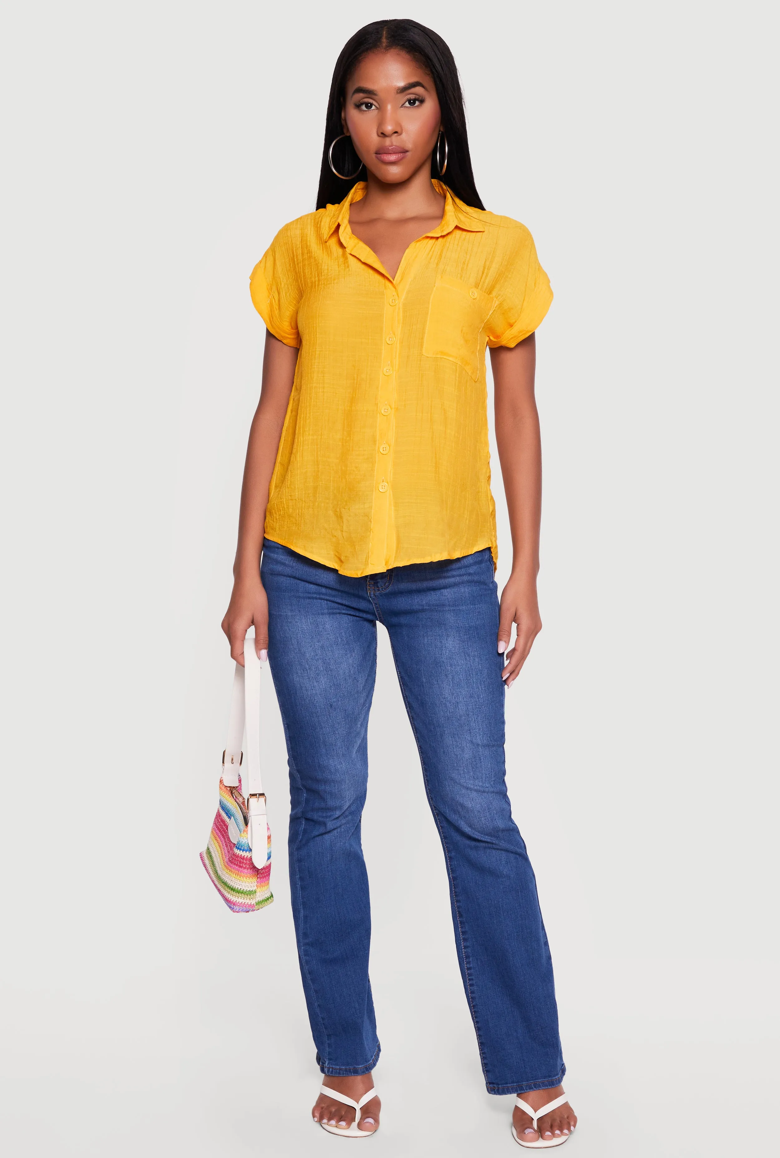 Solid Gauze Knit Short Sleeve Button Front Shirt sold by Rainbow