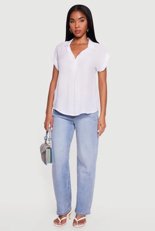 Solid Gauze Knit Collared Short Sleeve Top made by Rainbow