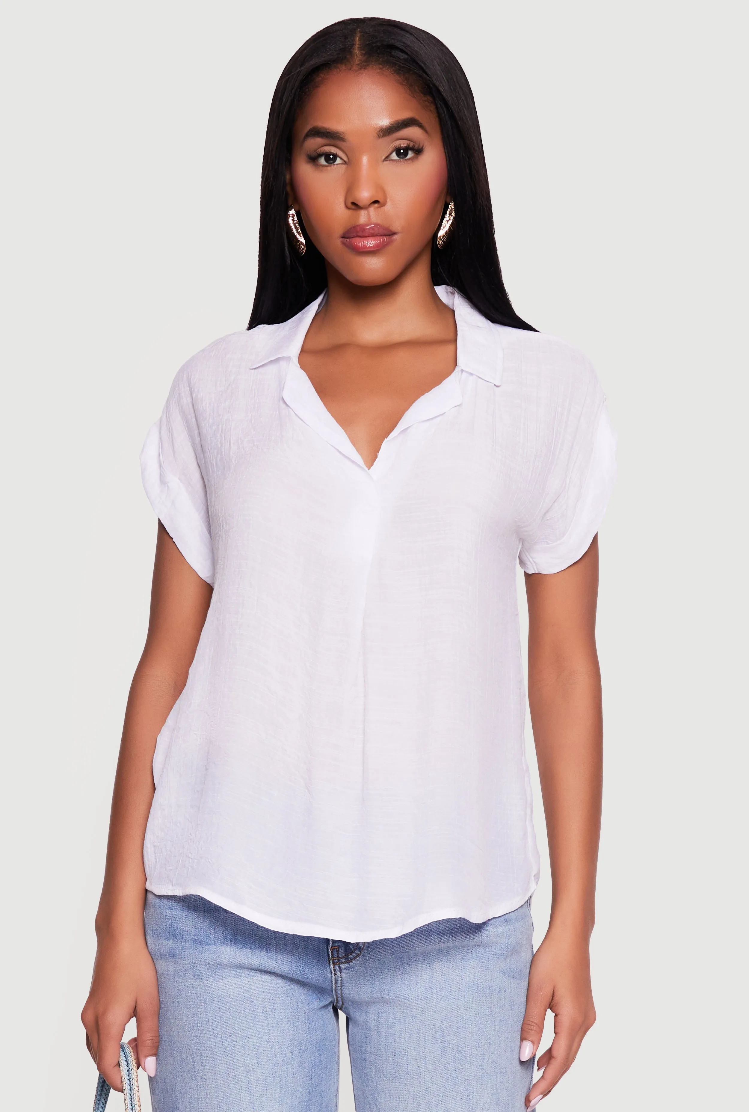 Solid Gauze Knit Collared Short Sleeve Top sold by Rainbow product image thumbnail 2