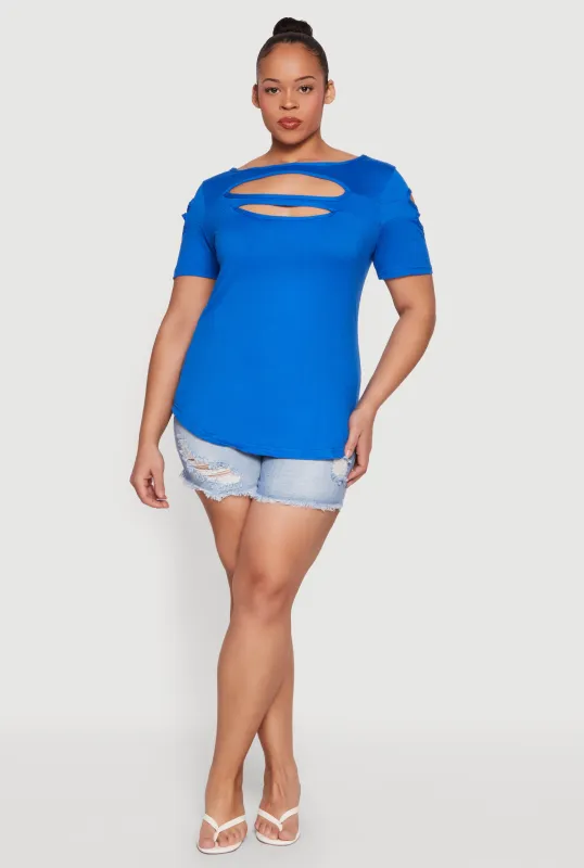 Plus Size Side Slit Keyhole Detail Tee made by Rainbow