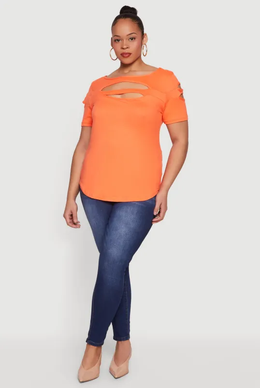 Plus Size Side Slit Keyhole Detail Tee made by Rainbow