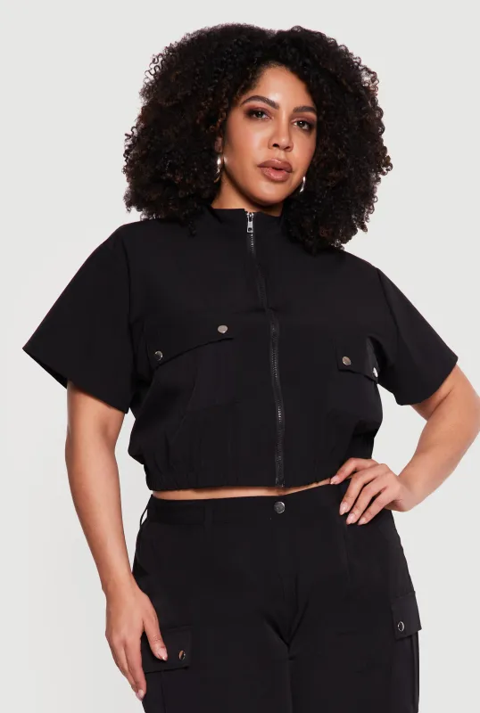 Plus Size Zip Front Mock Neck Cargo Pocket Top made by Rainbow