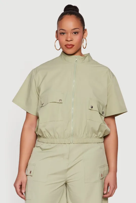 Plus Size Zip Front Mock Neck Cargo Pocket Top made by Rainbow