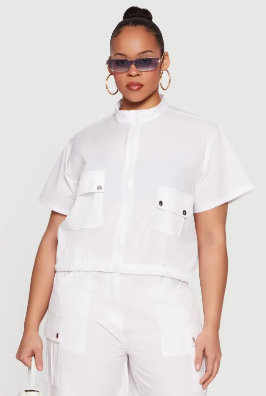 Plus Size Zip Front Mock Neck Cargo Pocket Top made by Rainbow