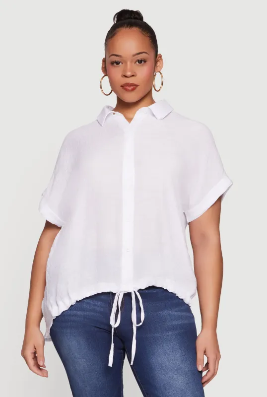 Plus Size Button Front Drawstring Waist Blouse made by Rainbow