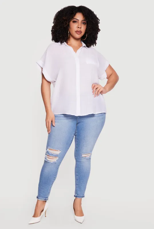 Plus Size Solid Gauze Knit Short Sleeve Button Front Shirt made by Rainbow