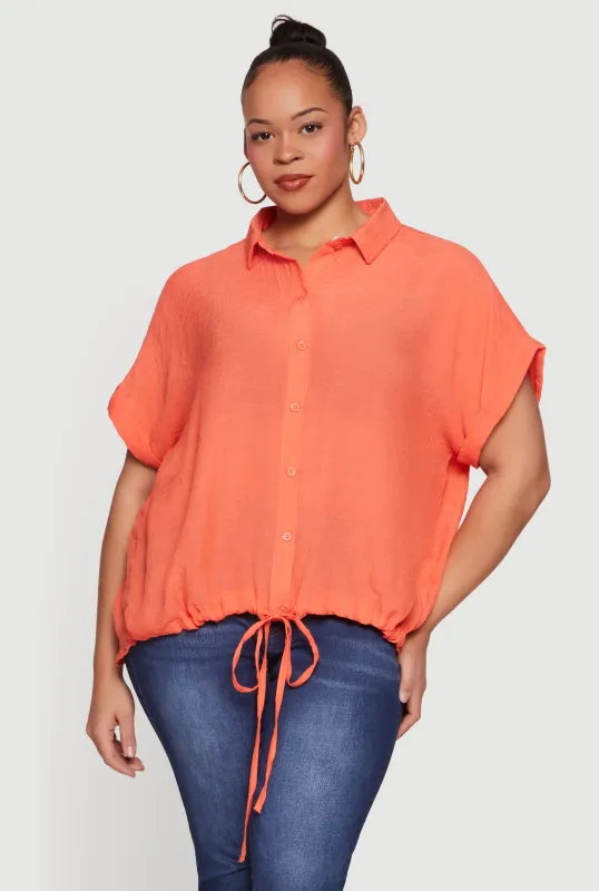 Plus Size Button Front Drawstring Waist Blouse made by Rainbow