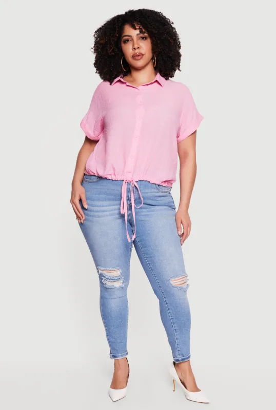 Plus Size Button Front Drawstring Waist Blouse made by Rainbow