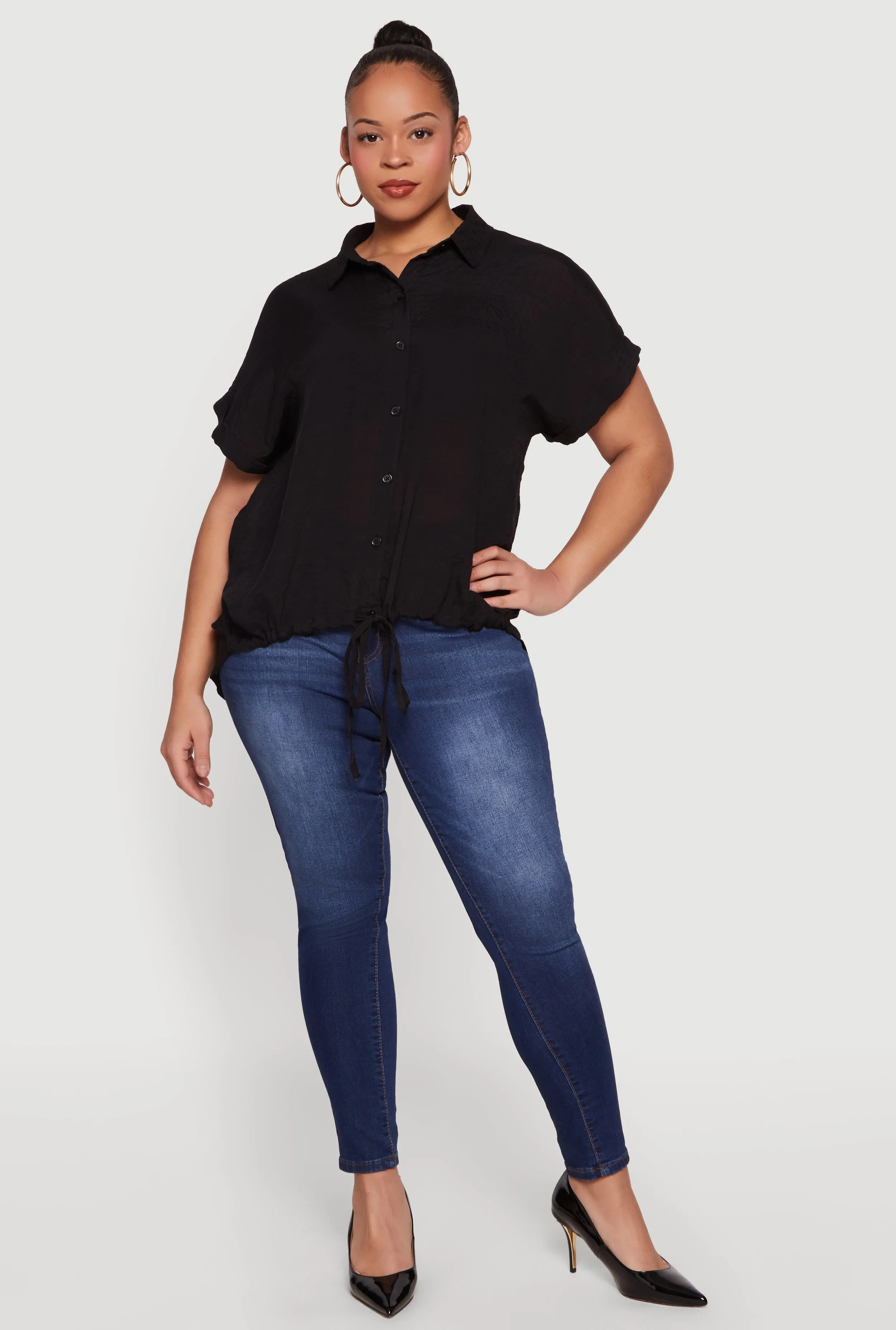 Plus Size Button Front Drawstring Waist Blouse sold by Rainbow