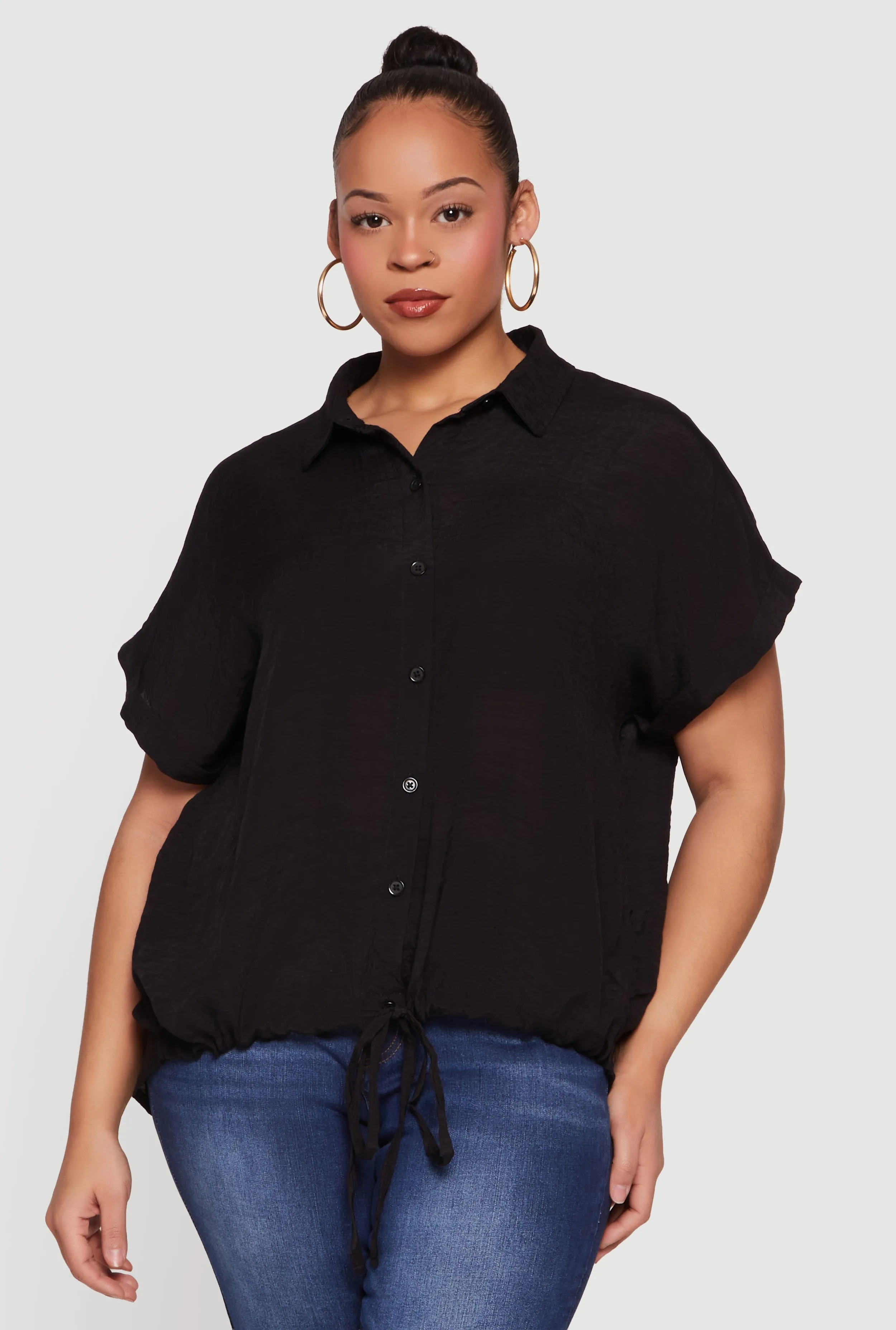 Plus Size Button Front Drawstring Waist Blouse sold by Rainbow product image thumbnail 2