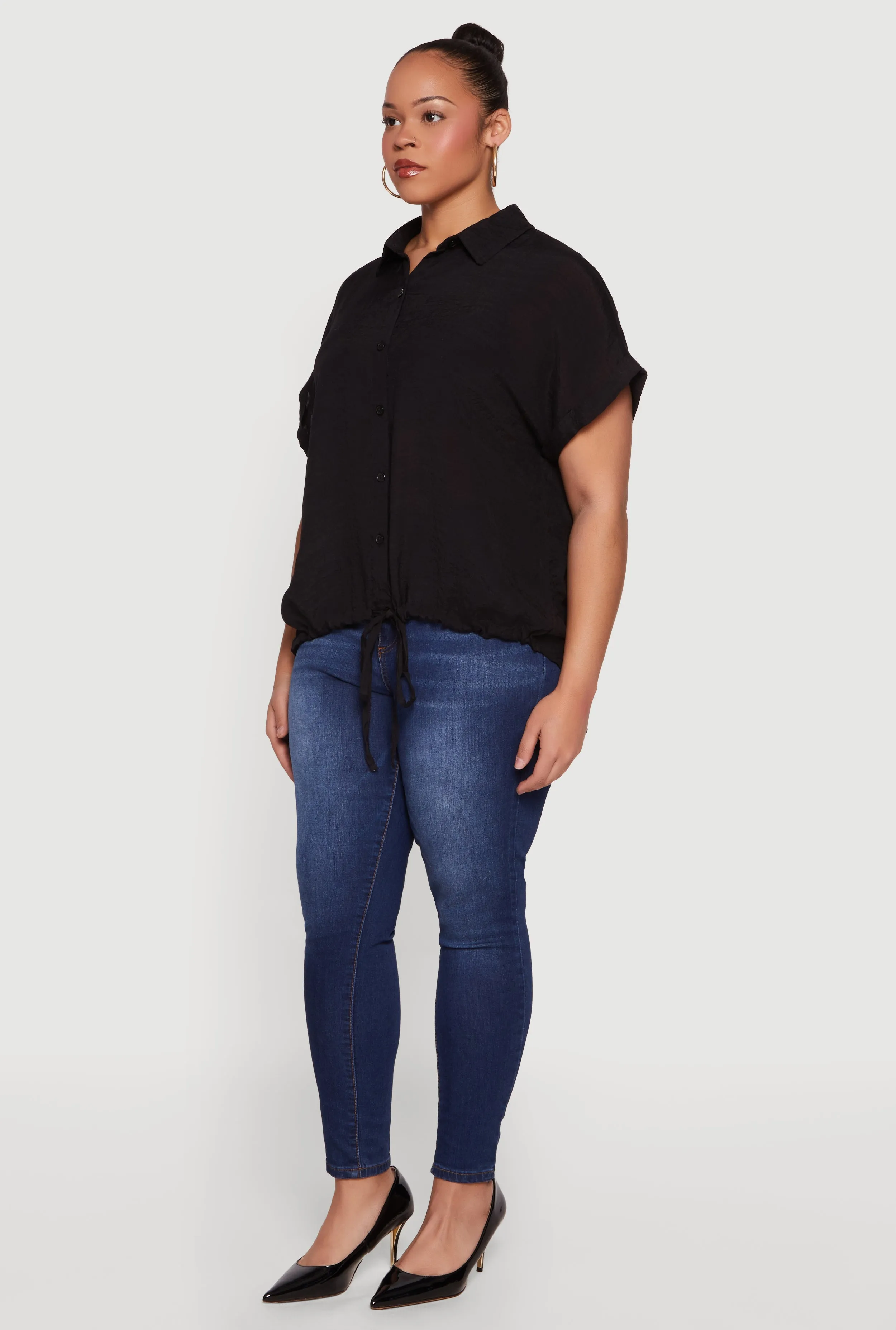Plus Size Button Front Drawstring Waist Blouse sold by Rainbow product image thumbnail 3