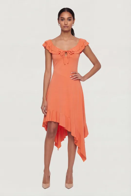 Asymmetrical Ruffle Trim Flutter Sleeve Midi Dress made by Rainbow