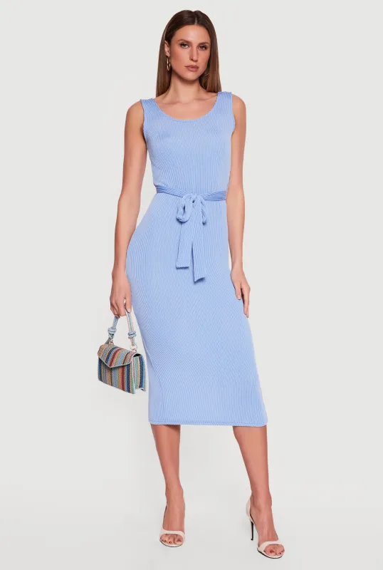 Tie Waist Belted Slit Back Midi Dress made by Rainbow