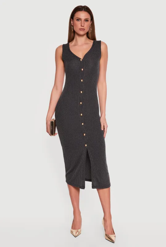 Sleeveless Button Front V Neck Midi Dress made by Rainbow