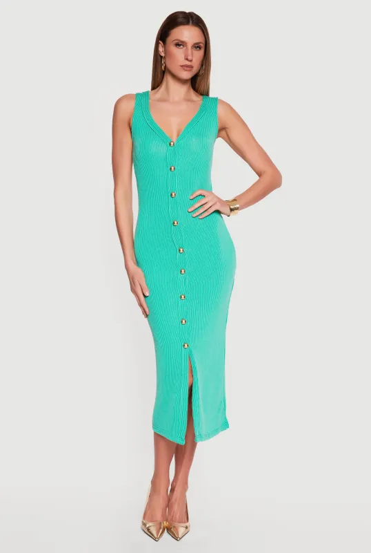 Sleeveless Button Front V Neck Midi Dress made by Rainbow
