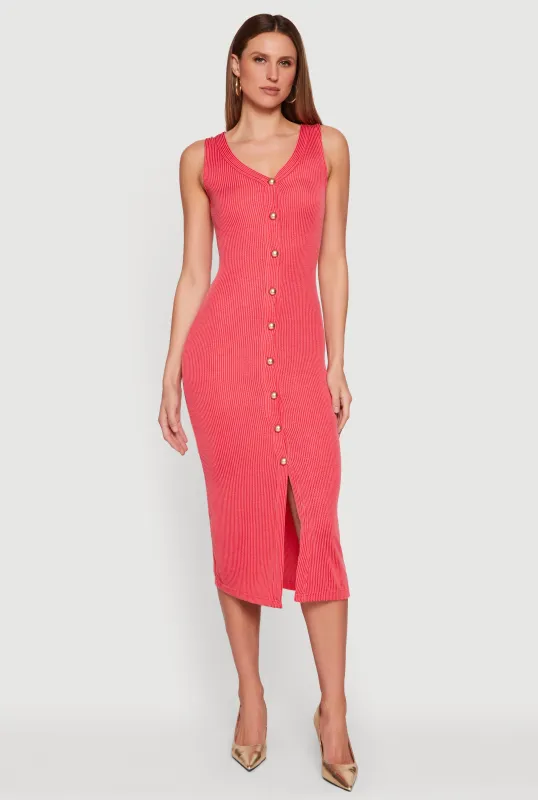 Sleeveless Button Front V Neck Midi Dress made by Rainbow