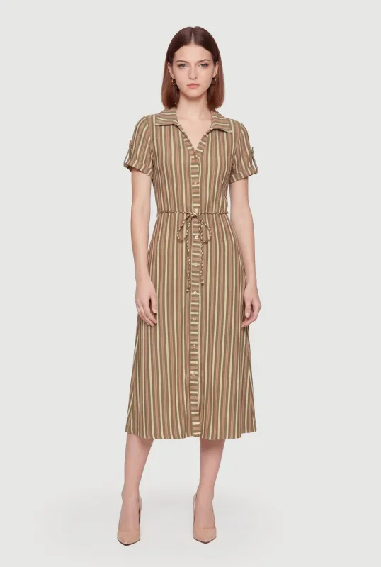 Striped Button Front Shirt Dress with Rope Belt made by Rainbow
