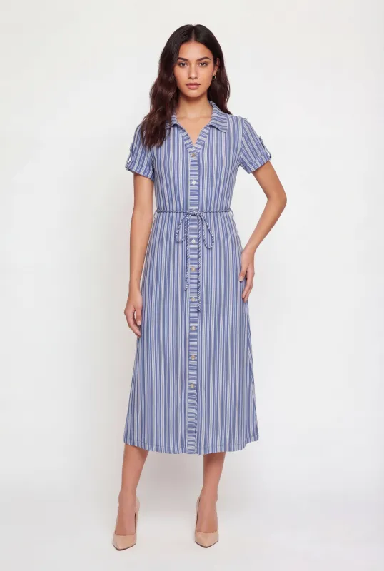 Striped Button Front Shirt Dress with Rope Belt made by Rainbow