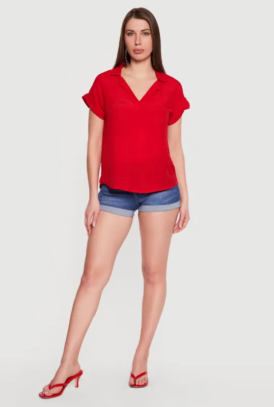 Solid Gauze Knit Collared Short Sleeve Top made by Rainbow