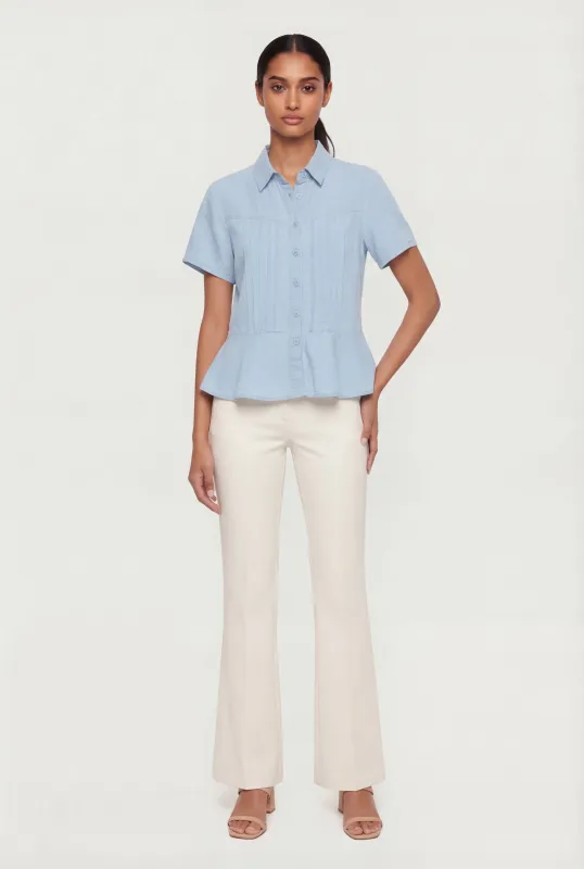 Pintuck Button Front Short Sleeve Peplum Top made by Rainbow