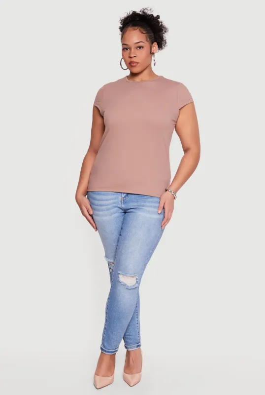 Plus Size Cap Sleeve Crew Neck Tee sold by Rainbow