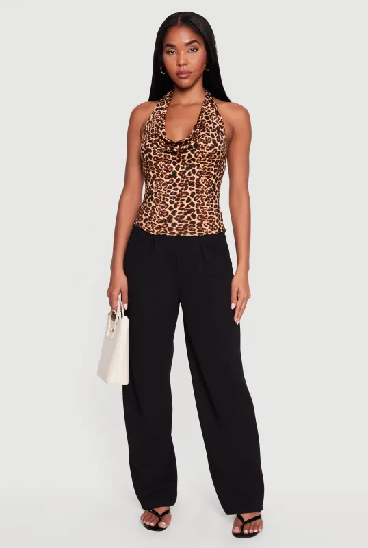 Metallic Detail Leopard Print Cowl Neck Halter Top made by Rainbow