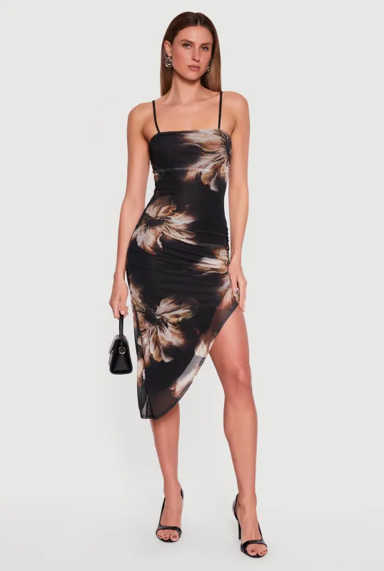 Floral Mesh Overlay Asymmetrical Dress made by Rainbow