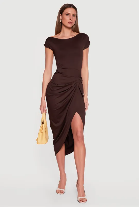 Asymmetrical Ruched Side Slit Midi Dress made by Rainbow