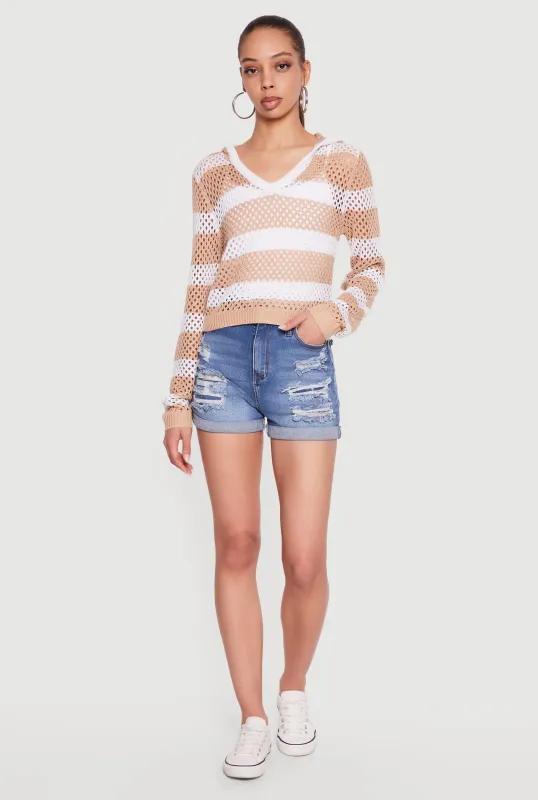 Crochet Striped Hooded Long Sleeve Top made by Rainbow