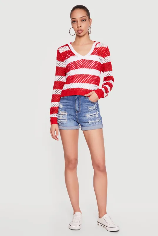 Crochet Striped Hooded Long Sleeve Top made by Rainbow