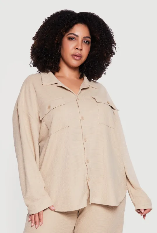 Plus Size Textured Knit Button Front Shirt made by Rainbow