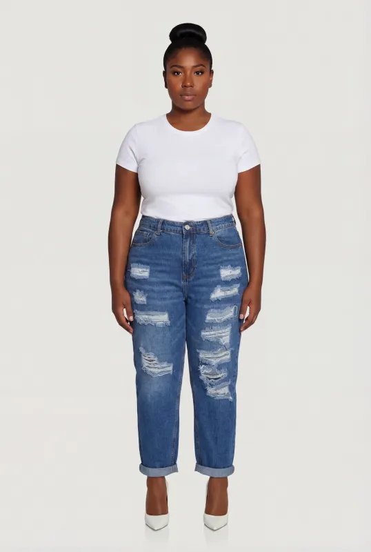 Plus Size WAX Rolled Cuff Distressed Mom Jeans made by Rainbow