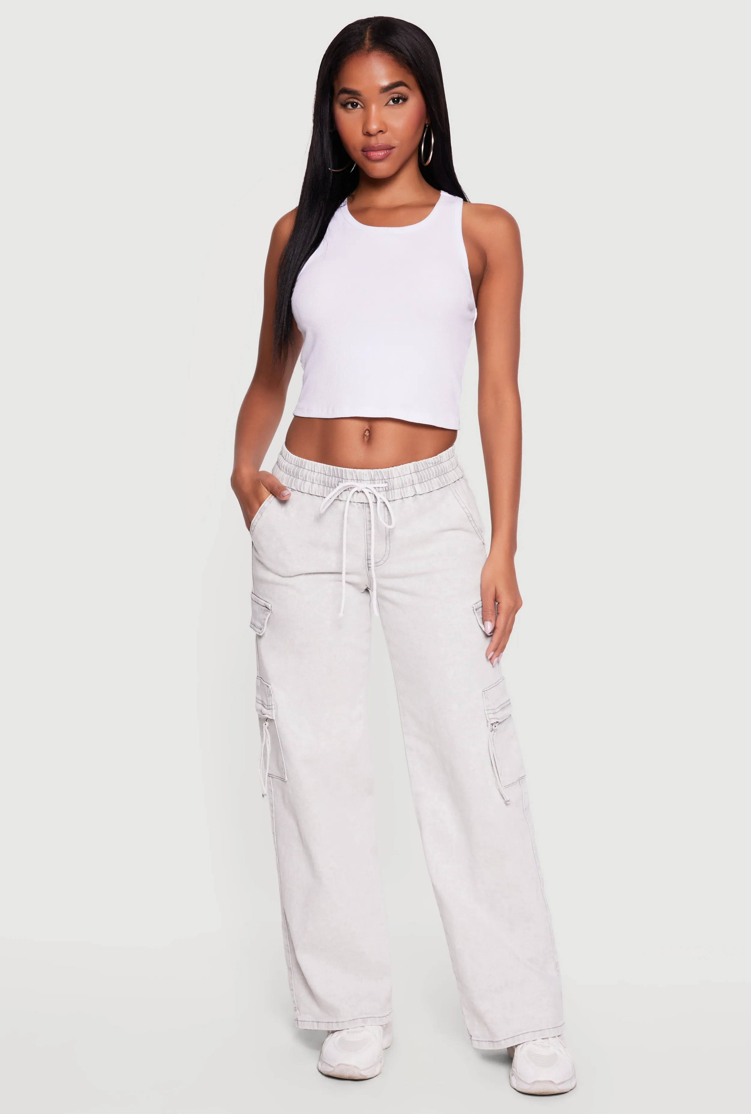 Acid Wash Drawstring Waist Cargo Jeans sold by Rainbow