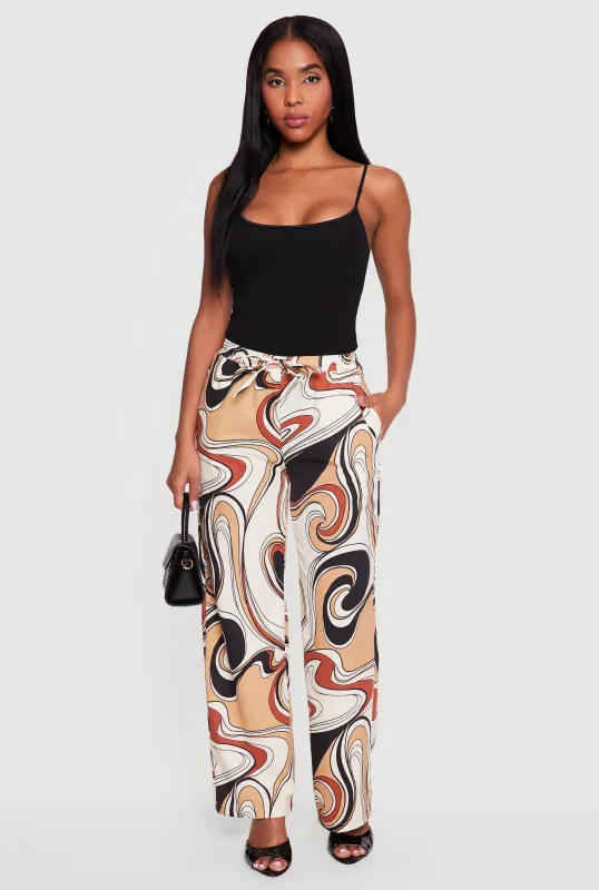 Printed Pattern Linen Wide Leg Drawstring Waist Pants made by Rainbow