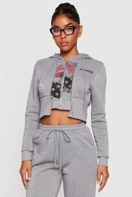 Savage Graphic Double Layered Zip Front Cropped Hoodie made by Rainbow