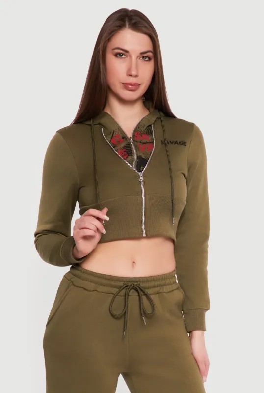 Savage Graphic Double Layered Zip Front Cropped Hoodie made by Rainbow