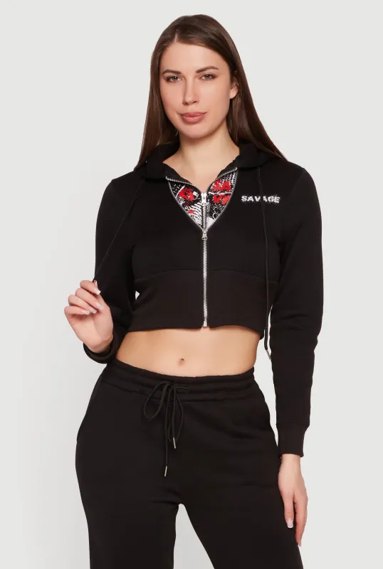 Savage Graphic Double Layered Zip Front Cropped Hoodie made by Rainbow
