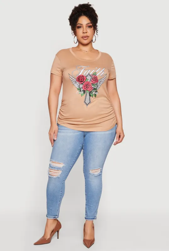 Plus Size Faith Over Fear Ruched Side Graphic Tee sold by Rainbow