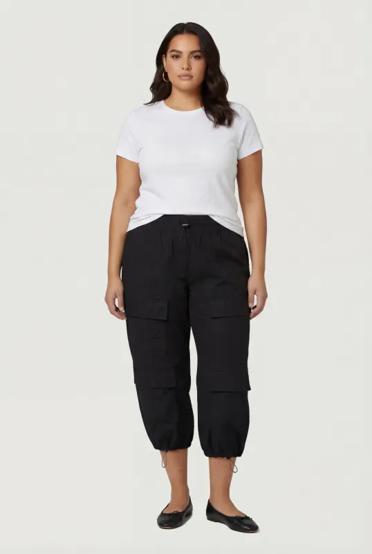 High Waisted Toggle Drawstring Waist Cargo Capris Pants made by Rainbow