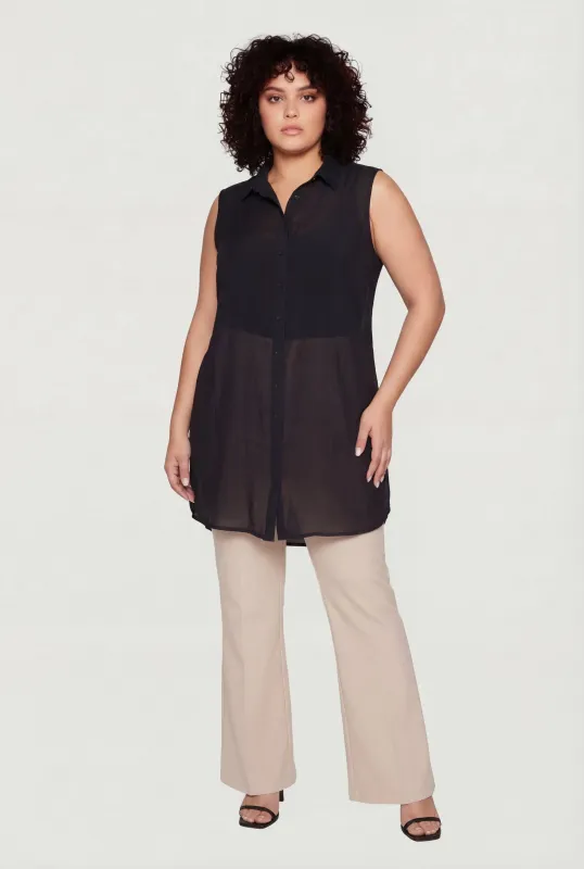 Sleeveless Button Front Collared Tunic Blouse made by Rainbow