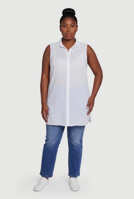 Sleeveless Button Front Collared Tunic Blouse made by Rainbow