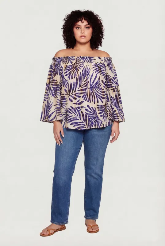 Plus Size Leaf Print Off The Shoulder Blouse made by Rainbow
