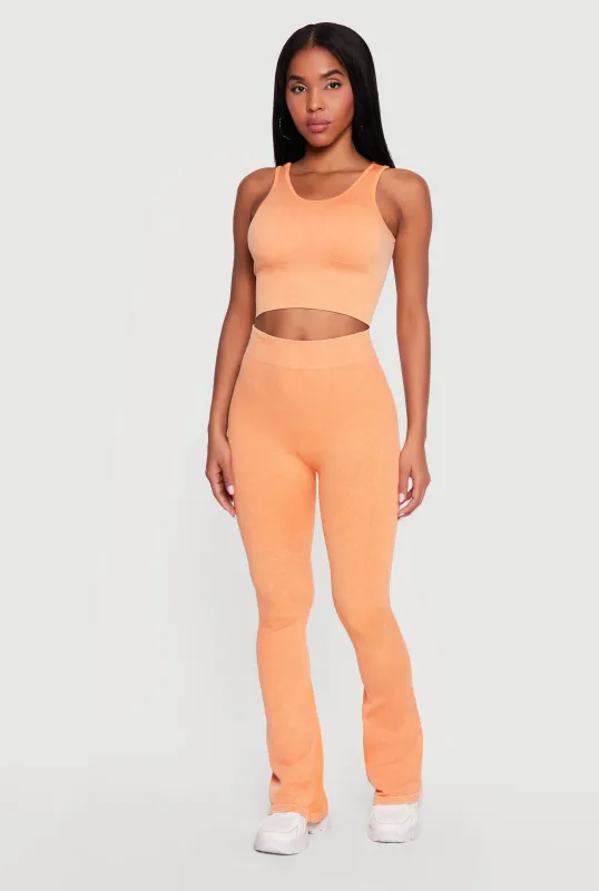 Acid Wash Ribbed Cropped Tank Top and Flare Leggings Set made by Rainbow