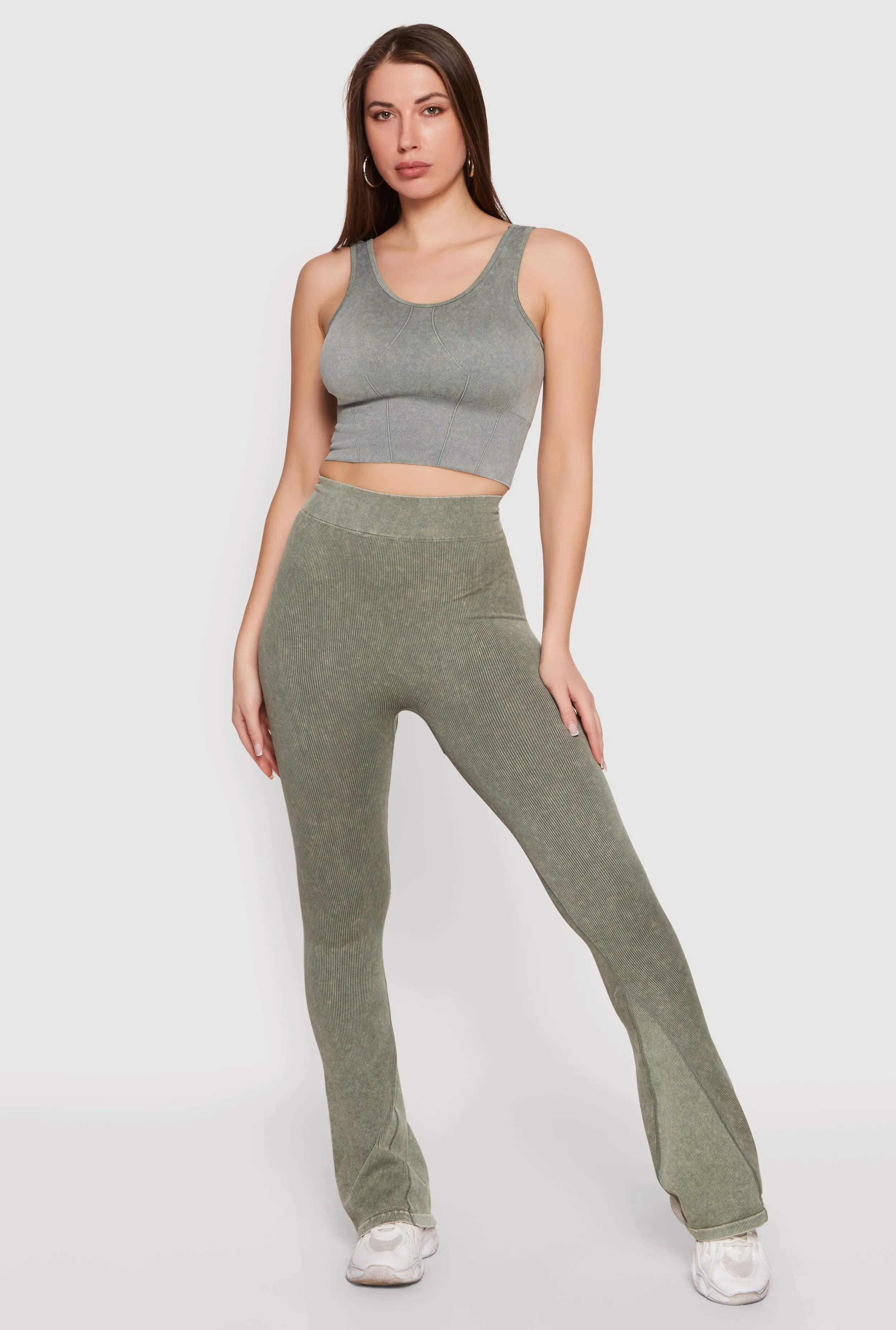Acid Wash Ribbed Cropped Tank Top and Flare Leggings Set sold by Rainbow
