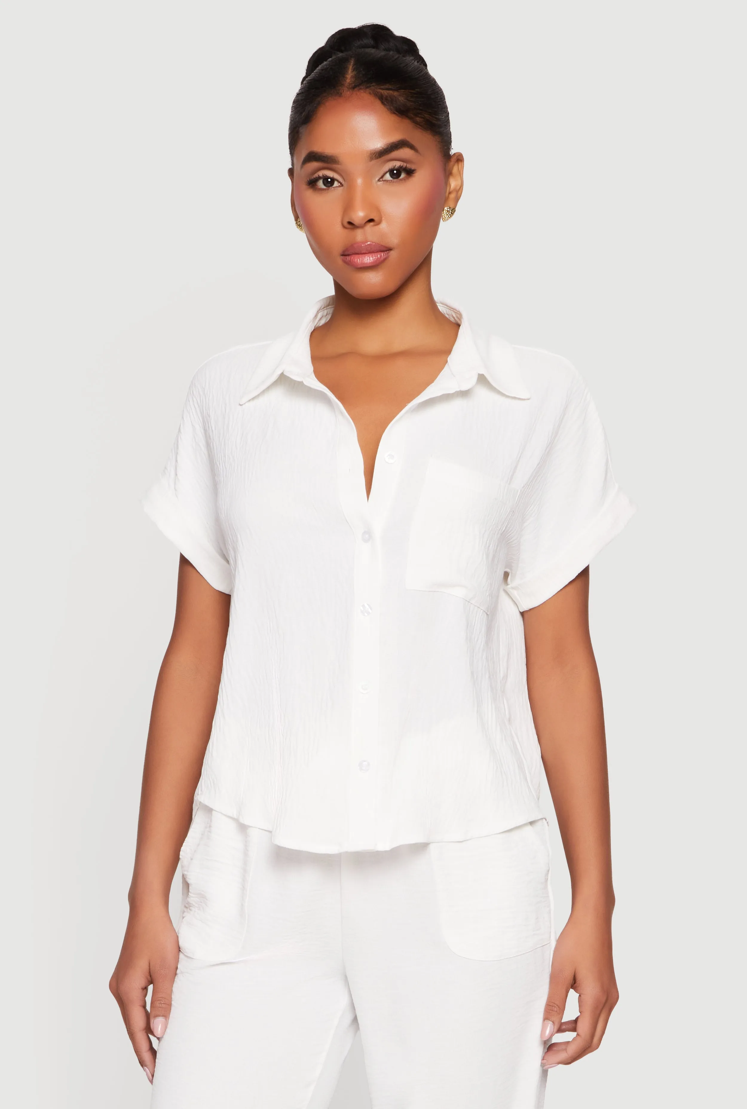 Button Front Crepe Knit Short Sleeve Shirt sold by Rainbow